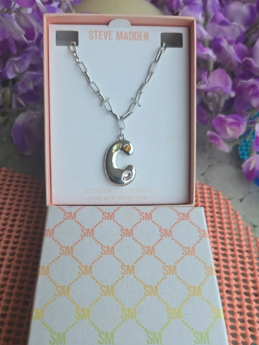 FunSteve Madden Silver 'C' Pendant Necklace w/ Amber Stone Accents